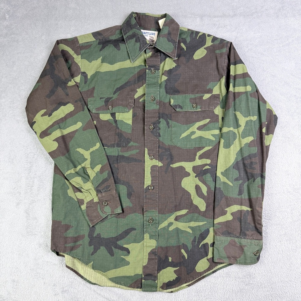 Rattlers Brand Mens Medium Woodland Camo Ripstop Cotton Button Down Shirt USA